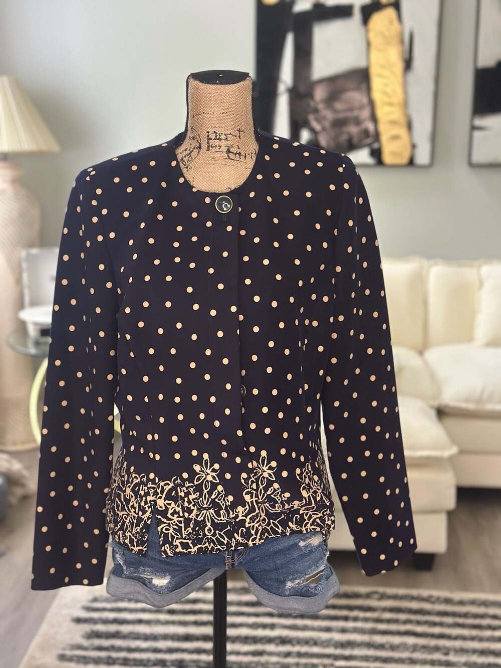 Vintage Leslie Fay Navy Blue Polka Dot Blazer with Floral Border Detail Size 10